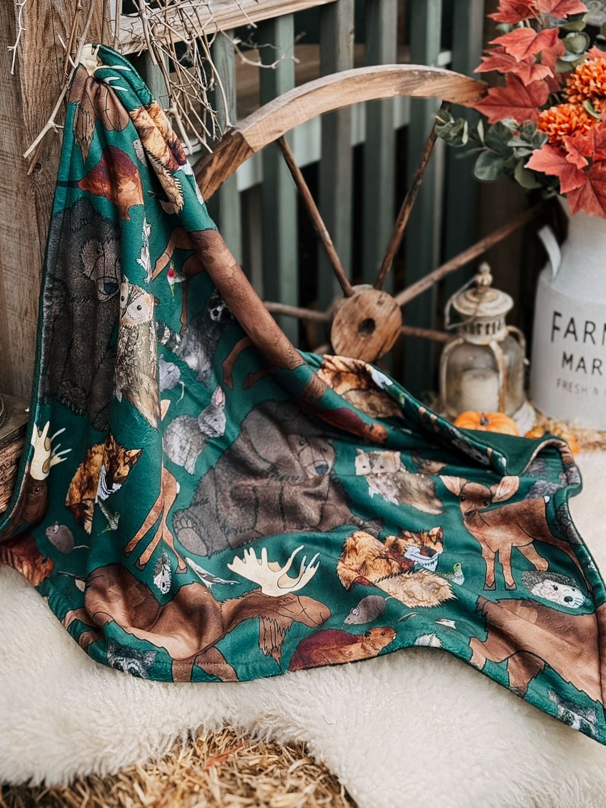 Bodhi & The Birchtree Polar Fleece Blanket - Woodys Woodland Friends & Fir Green - Bodhi & The Birchtree