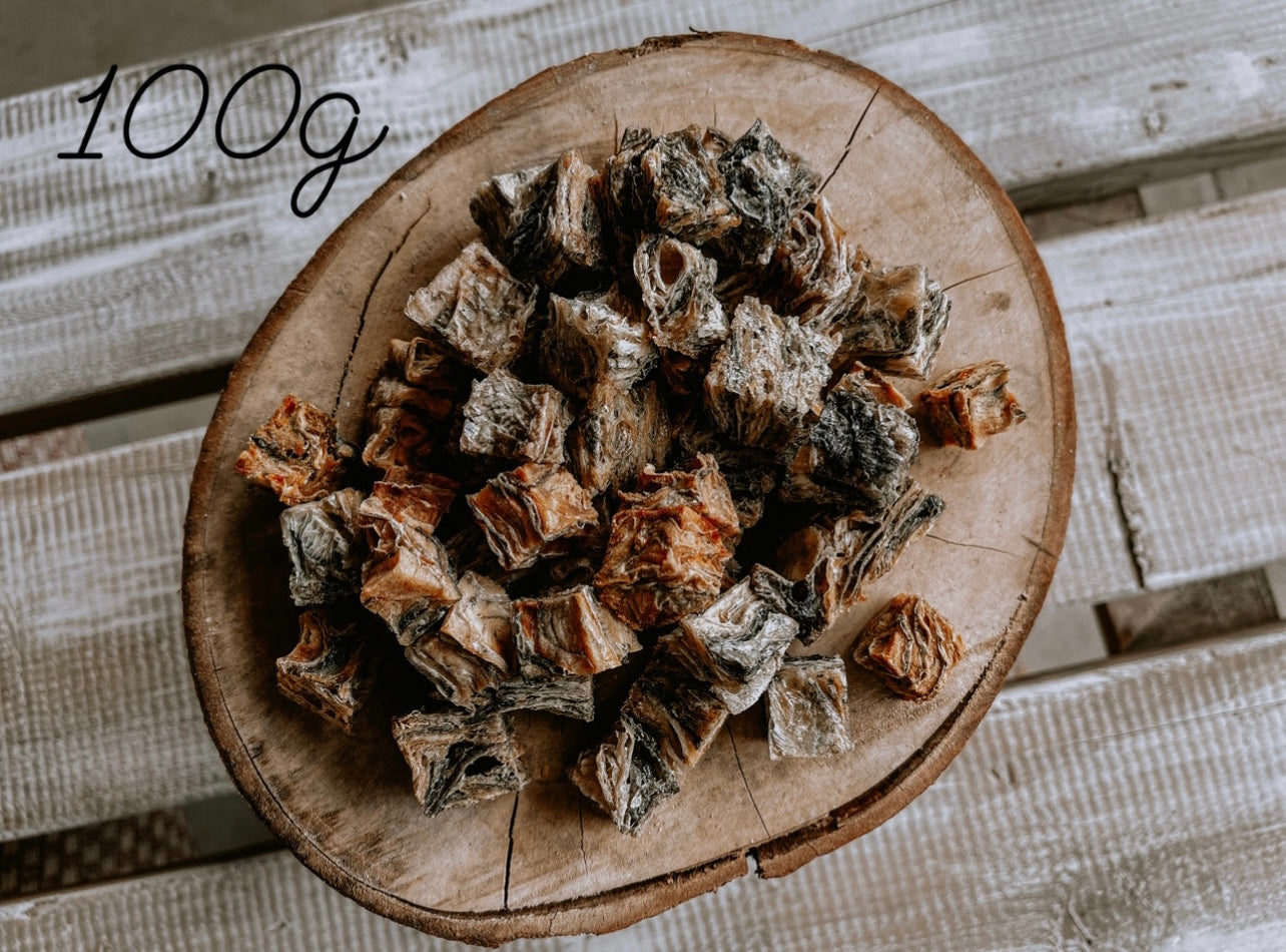 Whitefish skin cubes dog treats and chews available on Bodhi & The Birchtree