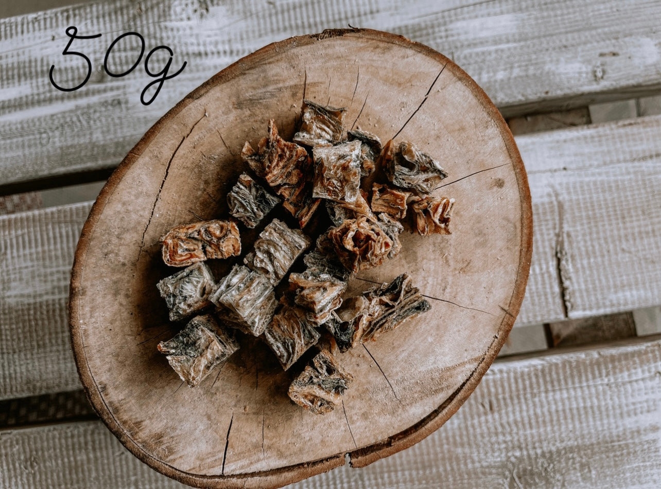 Whitefish skin cubes dog treats and chews available on Bodhi & The Birchtree