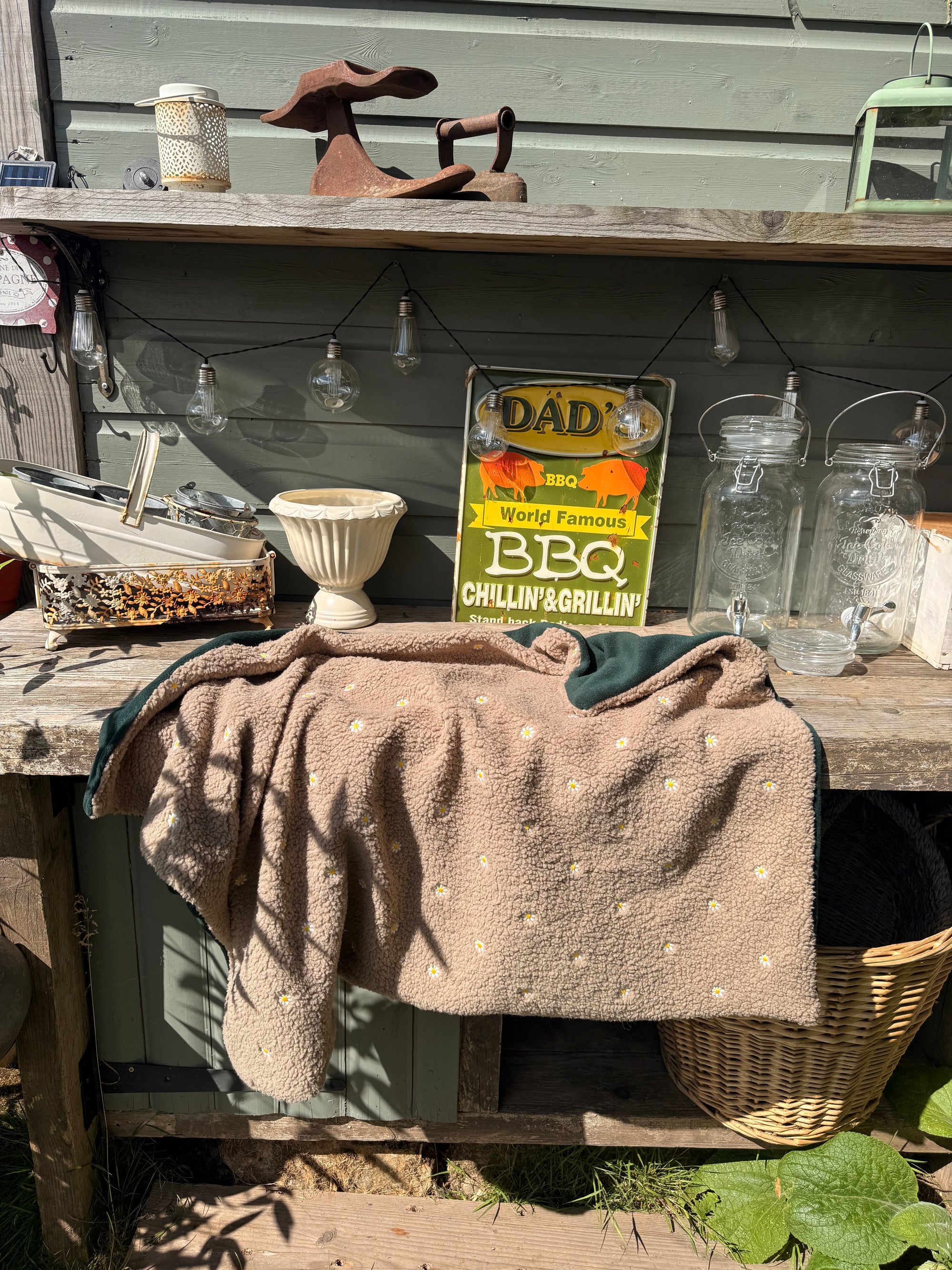 Market Night - Taupe Daisies &amp; Fir Green Polar &amp; Teddy Fleece Blanket