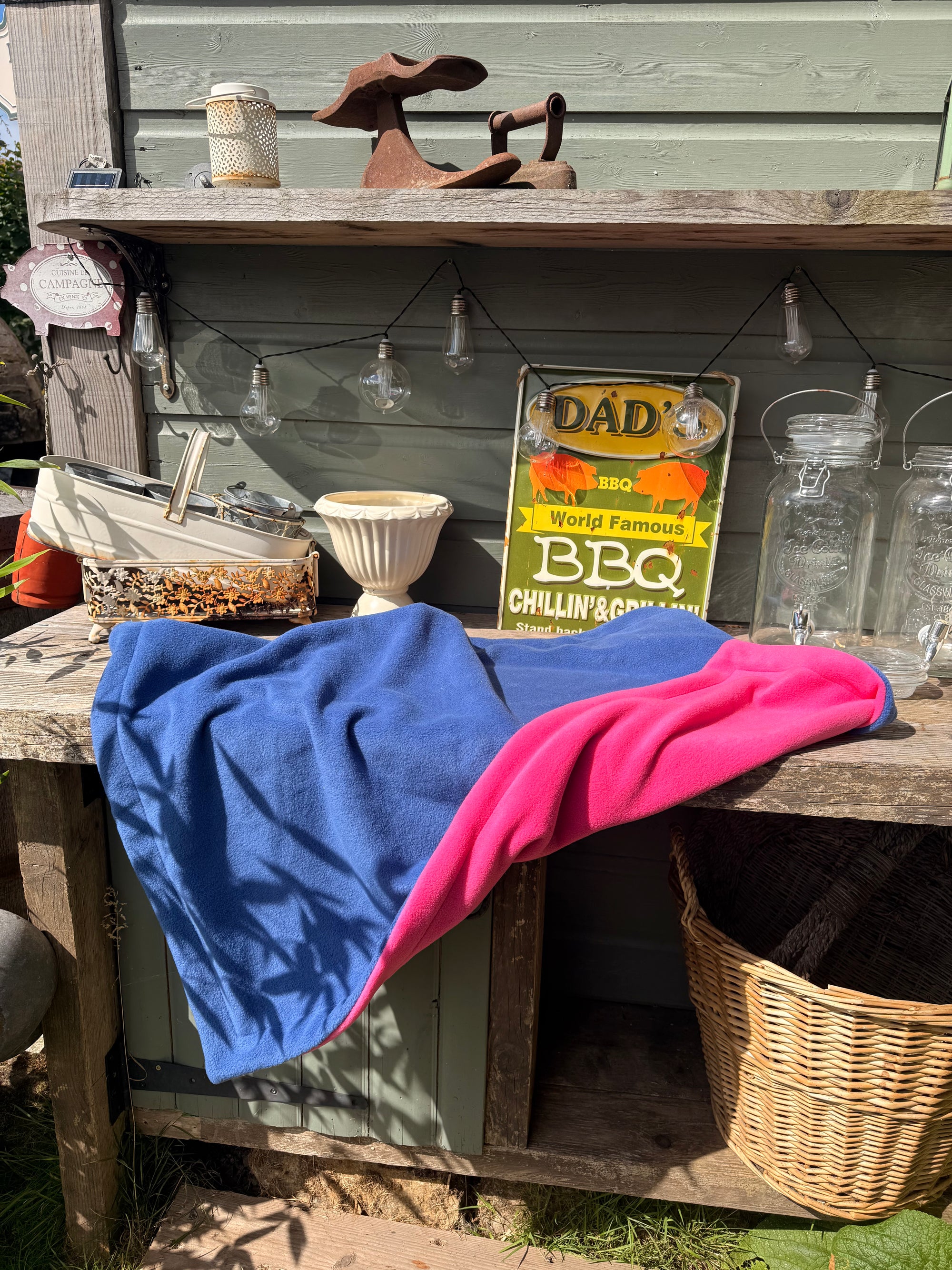 Market Night - Denim &amp; Cerise Pink Polar Fleece Blanket